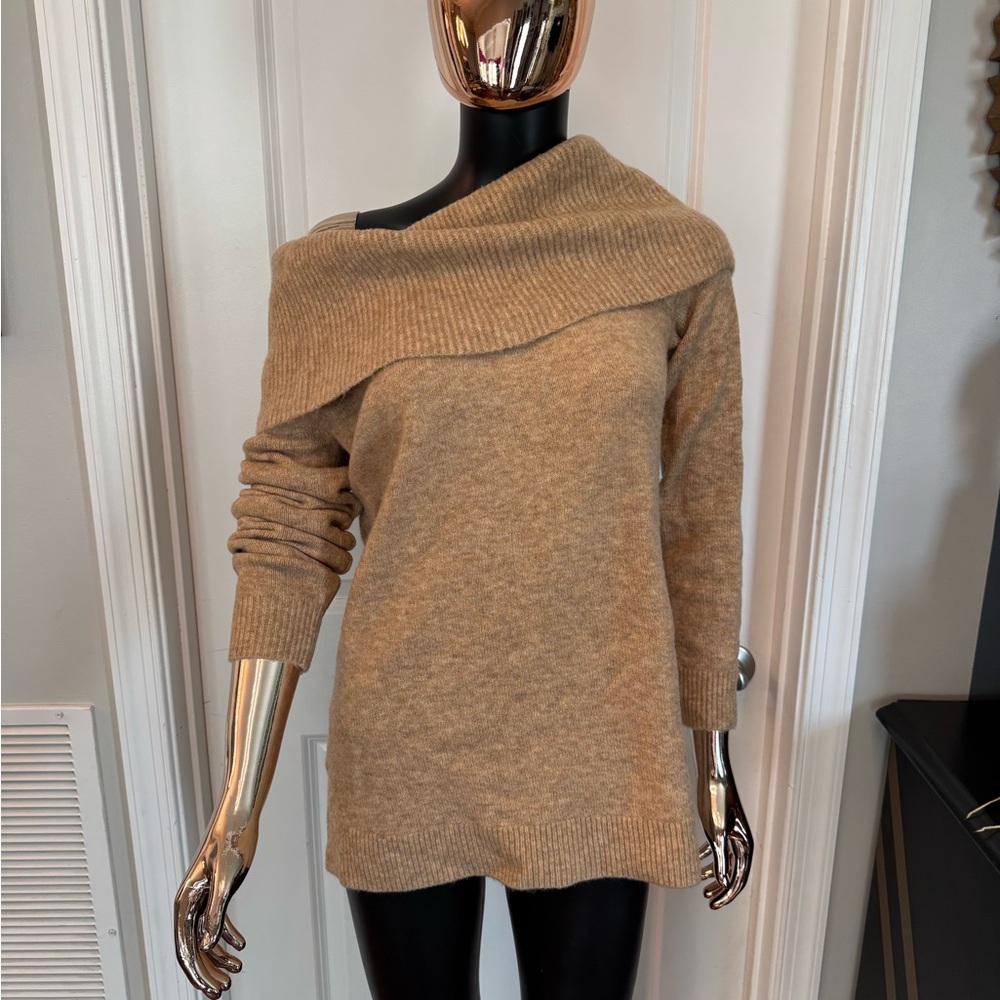 Ann Taylor Camel Foldover Off-Shoulder Tunic Sweater